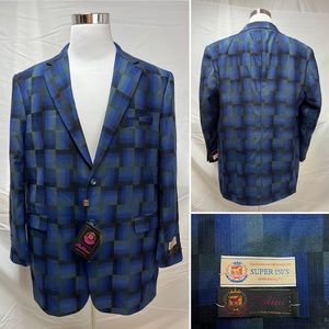 $399 NWT Pallini Blue Black Gray Cube 2-Button Double Vented 46R Blazer Jacket